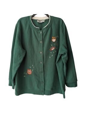Vintage 90s Speculation 2X Green Fleece Cardigan Embroidered Owl Dark Academia